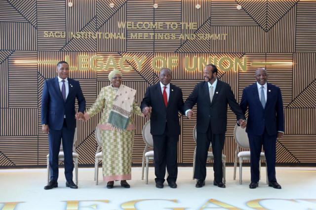 CAPE TOWN, 26 June 2026 - SACU leaders concluded their 9th Summit on Friday. Pictured: Advocate Duma Boko (Botswana), Dr Netumbo Nandi-Ndaitwah (Namibia), Cyril Matamela Ramaphosa (South Africa), King Mswati III (Eswatini), and Samuel Ntsokoane Matekane (Lesotho), met in South Africa to strengthen regional value chains and finalise the bloc’s strategic development plans. (Photo: Namibia Presidency) NAMPA.