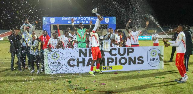 WINDHOEK, 27 June 2026 - The University of Namibia (UNAM) men's football team celebrating after being crowned winners of the 2026 Namibia Football Association (NFA) Cup after an impressive 2-1 victories over KK Palace at the Independence Stadium. (Photo: Hesron Kapanga) NAMPA

