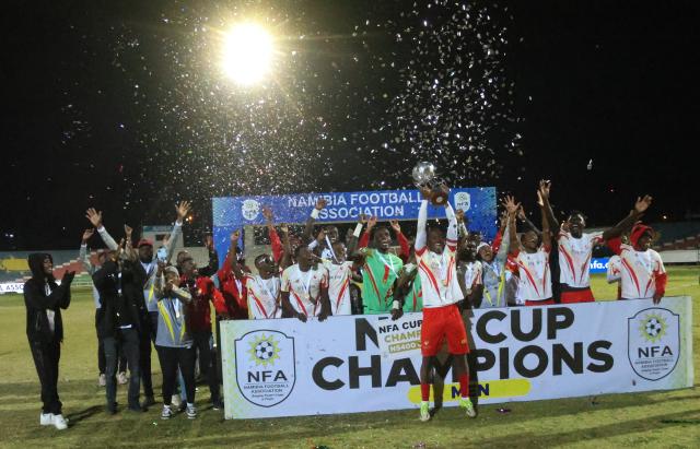 WINDHOEK, 27 June 2026 - The University of Namibia (UNAM) men's football team celebrating after being crowned winners of the 2026 Namibia Football Association (NFA) Cup after an impressive 2-1 victories over KK Palace at the Independence Stadium. (Photo: Hesron Kapanga) NAMPA

