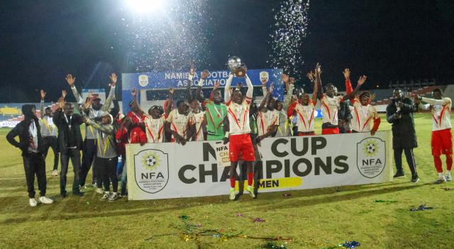 WINDHOEK, 27 June 2026 - The University of Namibia (UNAM) men's football team celebrating after being crowned winners of the 2026 Namibia Football Association (NFA) Cup after an impressive 2-1 victories over KK Palace at the Independence Stadium. (Photo: Hesron Kapanga) NAMPA
