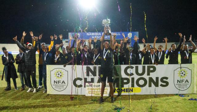 WINDHOEK, 27 June 2026 - Mighty Gunners  women's football team celebrating after being crowned winners of the 2026 Namibia Football Association (NFA) Cup after an impressive 4-0 victories over Khomas NamPol at the Independence Stadium. (Photo: Hesron Kapanga) NAMPA
