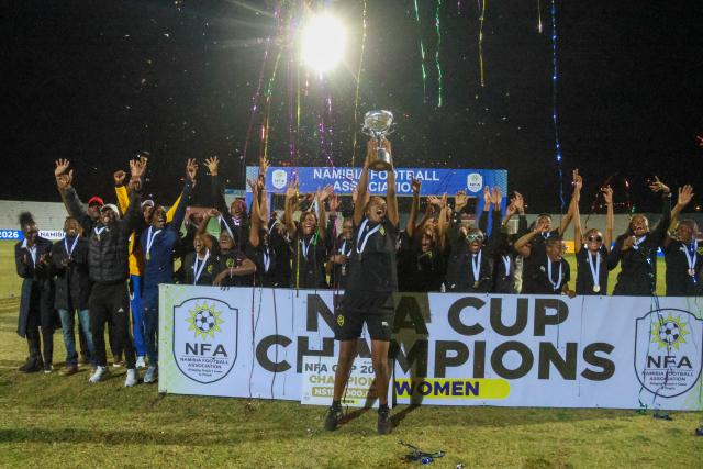 WINDHOEK, 27 June 2026 - Mighty Gunners  women's football team celebrating after being crowned winners of the 2026 Namibia Football Association (NFA) Cup after an impressive 4-0 victories over Khomas NamPol at the Independence Stadium. (Photo: Hesron Kapanga) NAMPA
