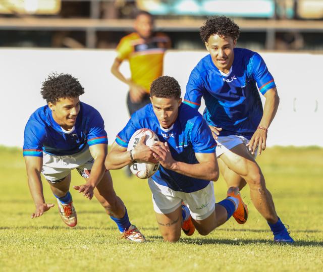 WINDHOEK, 28 June 2026 - The national men’s senior rugby team, the ‘Welwitschias,’ (in blue) while in action against Zambia at the Hage Geingob Stadium in Windhoek, Namibia outclassed their opponents, Zambia 71-12 in the internatinal friendly match. (Photos: Hesron Kapanga) NAMPA