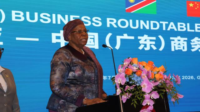 GUANGZHOU, 06 July 2026 - President Netumbo Nandi-Ndaitwah welcoming delegates at the Namibia–China Business Networking Forum in Guangzhou on Monday evening. The forum participants of the Namibian delegation’s state visit to the People’s Republic of China. (Photo by: Isabel Bento) NAMPA