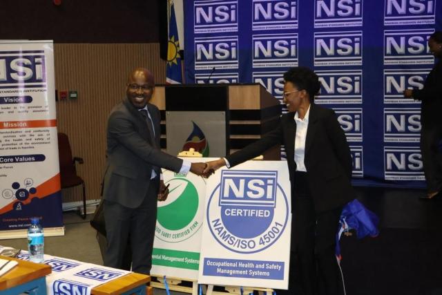 WINDHOEK, 07 July 2026 - NSI CEO, Eino Mvula and NSI Acting General Manager; Certification, Nashima Etuukata at the launch of the ISO 14001 and ISO 45001 schemes. (Photo: Contributed)