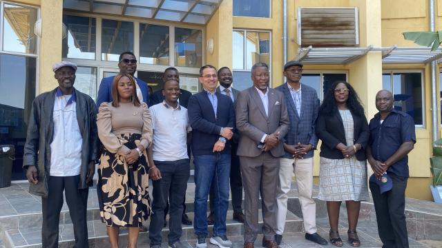 OMUTHIYA, 07 July 2026- Oshikoto Governor Sacky Kathindi (brown suit), Boreal Light chief executive officer Hamed Beheshti (L,next to governor) and officials from NamWater and Oshikoto regional council after a stakeholders engagement on water scarcity in the region.

(Photo: Max Henrich) NAMPA 