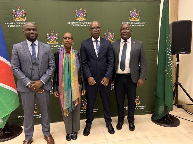WINDHOEK, 08 July 2026- Namibia Green Hydrogen Program Head Joseph Mukendwa, Un Resident Coordinator to Namibia Hopolang Phororo, EIF CEO Benedict Libanda and Environmental Commissioner Timo Mufeti at the launch of UNIDO-GEF Namibia Child Project in Windhoek. (Photo by Eba Kandovazu). NAMPA