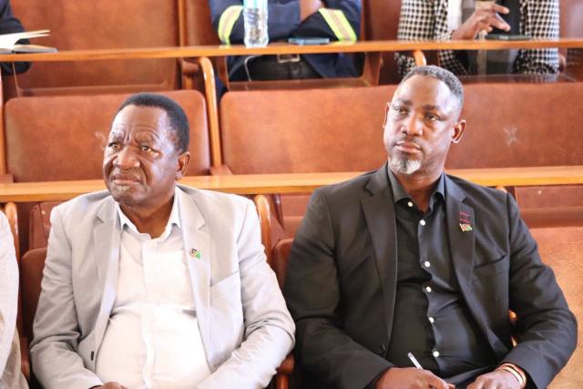 OSHAKATI, 15 July 2026 - Oshana Regional Governor, Hofni Iipinge and the the constitueny Councilor for Oshakati East, Abner Shikongo during the public consultations on the draft Nuclear Bill on Monday. (photo: Ester Hakaala) NAMPA 