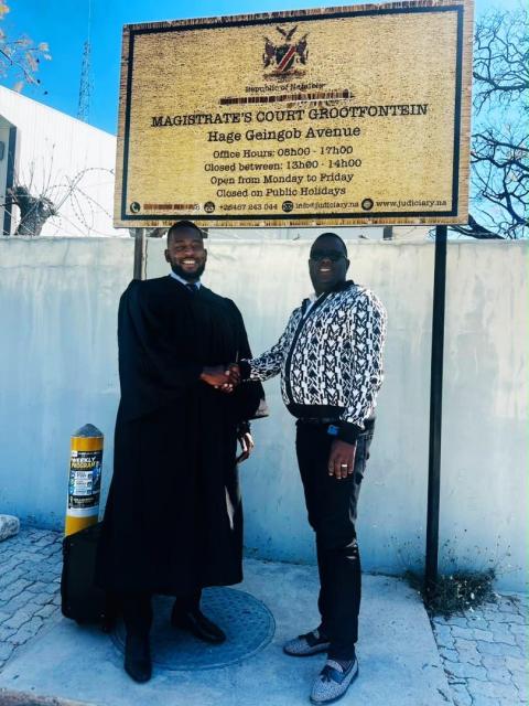 Windhoek, 14 July 2026- Lawyer Murray Shikongo and Suspect Alexis Awaseb at the Grootfontein Magistrate’s Court. (Photo contributed). NAMPA