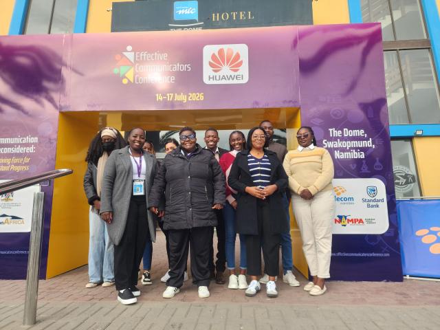 SWAKOPMUND, 14 July 2026 - Namibia Press Agency (NAMPA) News Editor Maggy Thomas and Sub-Editor Angie Brand pose for a group photo with regional information officers from the Ministry of Information and Communication Technology (MICT), following a training session held on the sidelines of the Effective Communicators Conference (ECC26) at The Dome in Swakopmund on 14 July 2026.

(Photo by: Molly Weyulu) NAMPA