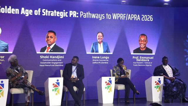 SWAKOPMUND, 15 July 2026 - A special APRA Panel Discussion including Director of Commercial for Zambia’s Zaffico Pic Irene Lungu, Vice President of the Nigerian Institute of Public Relations Professor Emmanuel Dandaura and PetroFund Head of Communications and Stakeholder Engagement Shoki Kandjimi, with moderator Communications professional and author Dr Omoniyi Ibietan. The discussion was an opening event for the Effective Communicators Conference taking place in Swakopmund. (Photo by: Isabel Bento) NAMPA