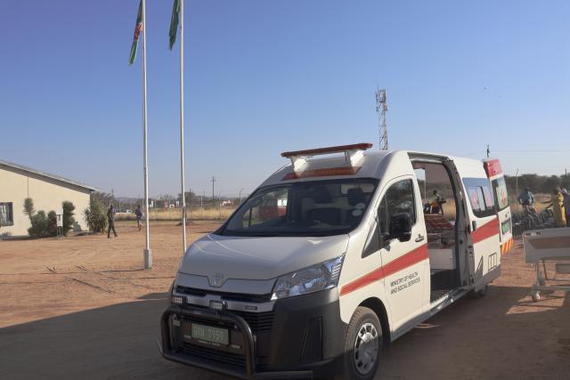 KALKFELD, 15 July 2026 - The newly purchased and donated ambulance by NamPort corporate social investment fund to the community of Kalkfeld in the Otjiwarongo Constituency being handed over for use to the community members by chairperson of the of the Otjozondjupa Regional Council on Wednesday. (Photo by: Mulisa Simiyasa) NAMPA
