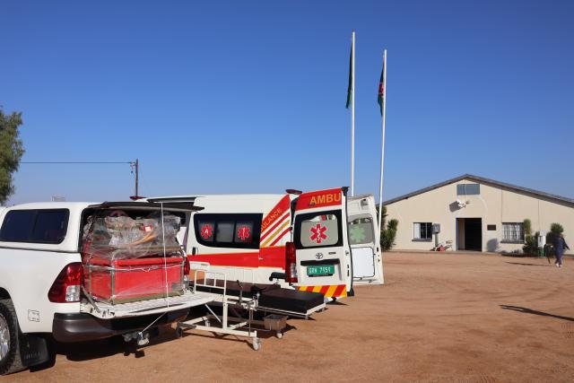 KALKFELD, 15 July 2026 - The newly purchased and donated ambulance, maternity bed and fire fighting equipment to the community of Kalkfeld in the Otjiwarongo Constituency being handed over for use to the community members by chairperson of the of the Otjozondjupa Regional Council on Wednesday. (Photo by: Mulisa Simiyasa) NAMPA
