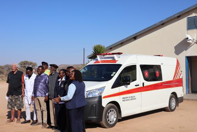 KALKFELD, 15 July 2026 - The newly purchased and donated ambulance, maternity bed and fire fighting equipment to the community of Kalkfeld in the Otjiwarongo Constituency being handed over for use to the community members by chairperson of the of the Otjozondjupa Regional Council on Wednesday. (Photo by: Mulisa Simiyasa) NAMPA