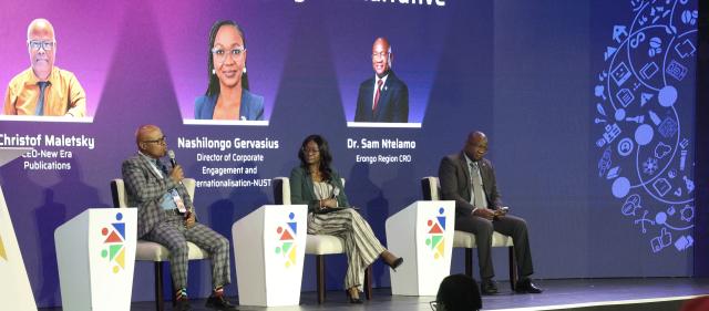 SWAKOPMUND, 17 July 2026 - Namibia University of Science and Technology Director of Corporate Engagement and Internationalisation Nashilongo Gervasius moderates a panel discussion on Service Delivery and Managing the Narrative at the Effective Communicators Conference (ECC), featuring Erongo Regional Council Chief Regional Officer Dr Sem Ntelamo and New Era Publication Corporation Chief Executive Officer Christof Maletsky.