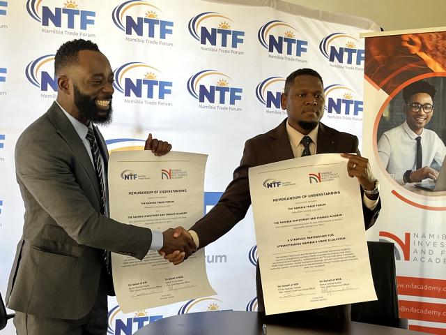 WINDHOEK, 21 July 2026 - The CEO of the Namibia Trade Forum, Rodney !Hoaeb alongside Head of Business Development and Strategy, NIFA  Morris Kalunduka at the MoU signing ceremony . (Photo by: Justina Shuumbwa) NAMPA
