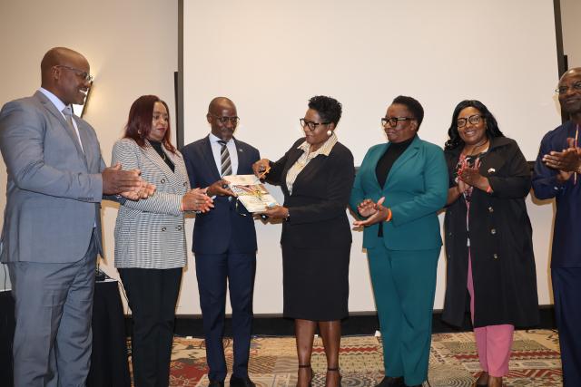 WINDHOEK, 22 July 2026 - Minister of Gender Equality and Child Welfare, Emma Kantema (Middle) with Minister of Justice and Labour Relations, Fillemon Wise Immanuel and stakeholders at the launch of the Namibia Child Care and Protection statistics report. (Photo: Ali Negumbo) NAMPA