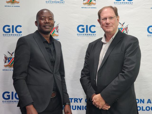 WINDHOEK, 23 July 2026 - Taddeus Shambalula Control Administrative Officer, Civil Registration in the Ministry of Home Affairs, Immigration, Safety and Security (MHAISS) pictured with Stefanus van Staden Director: Solutions Architecture in the Office of the Prime Minister (OPM) during an eID information sharing session. (Photo: Molly Weyulu) NAMPA
