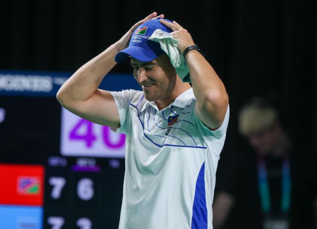GLASGOW, 23 July 2026 - Waylon Wentzel of Team Namibia in disbelieve after winning his first bowling match during the mens single's match on the opening day of the Glasgow 2026 Commonwealth Games. (Photo by: Hesron Kapanga) NAMPA