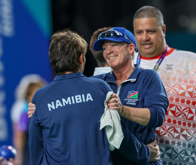 GLASGOW, 26 July 2026 – From left to right Namibia’s lawn bowls team has Amanda Steenkamp and Diana Viljoen embrasing themselves after completing their final  Section B match of the women’s pairs, at the Glasgow 2026 Commonwealth Centre. (Photo: Hesron Kapanga) NAMPA