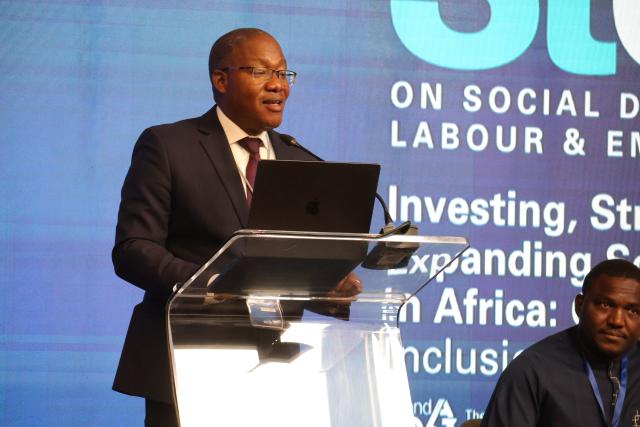 WINDHOEK, 27 July 2026 – Namibia's Justice and Labour Relations Executive Director, Ben Nangombe, speaking at the Sixth Ordinary Session of the African Union Specialised Technical Committee on Social Development, Labour and Employment (STC-SDLE 6) in Windhoek on Monday. (Photo by: Uakutura Kambaekua) NAMPA. 