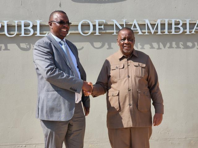 GOBABIS, 27 July 2026 - Omaheke Governor Pijoo Nganate pictured with Deputy Executive Director and Chief Registrar in the Ministry of Home Affairs, Immigration, Safety and Security during a courtesy visit by the Ministry as part of the eID awareness campaign in Omaheke. (Photo: Molly Weyulu) NAMPA