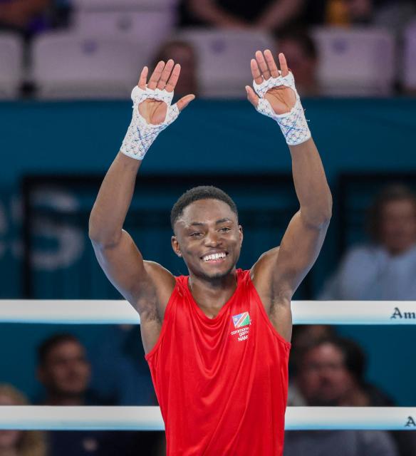 GLASGOW, 26 July 2026 - Philip Pumulo Mutakela Haoseb celebrating after his win against Charif Yaya of Togo at the Commonwealth Games in Glasgow, Scotland. Haoseb secured victory with a second-round knockout to advance to the quarter-finals. (Photo: Hesron Kapanga) NAMPA
