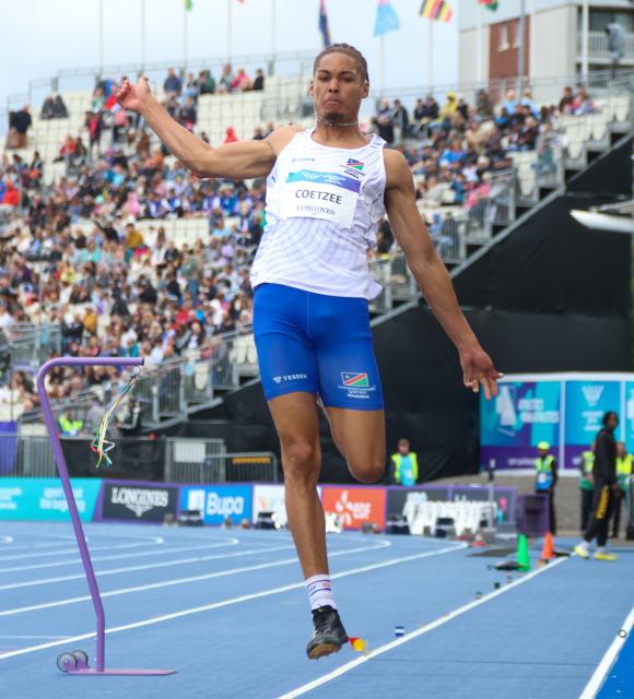 GLASGOW, 27 July 2026 – Namibia's Chenoult Lionel Coetzee in action during the men's long jump qualification at Scotstoun Stadium during the Glasgow 2026 Commonwealth Games in Scotland. (Photos: Hesron Kapanga) NAMPA
