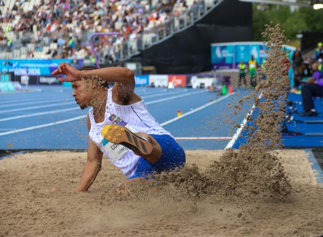 GLASGOW, 27 July 2026 – Namibia's Chenoult Lionel Coetzee in action during the men's long jump qualification at Scotstoun Stadium during the Glasgow 2026 Commonwealth Games in Scotland. (Photos: Hesron Kapanga) NAMPA
