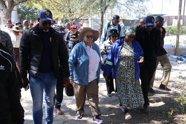 ETOSHA, 29 July 2026 - Vice President, Lucia Witbooi (middle) tours the Ombika location inside the Etosha National Park on Wednesday morning at the Okaukuejo gate. She was accompanied by a high level delegation of Oshana Governor Hofni Iipinge; Deputy Minister in the Office of the Vice President, Moses Khumub; Minister of Environment, Forestry and Tourism, Indileni Daniel; Minister of Education, Innovation, Youth, Sport, Arts and Culture, Sanet Steenkamp; Deputy Minister of Gender Equality and Child Welfare, Linda Mbwale; Governor of Kunene, Vipuakuje Muharukua; Outjo Constituency Councillor, Cleophas Gaingob and Uuvudhiya Constituency Councillor, Timotheus Shivute. (Photo by: Mulisa Simiyasa) NAMPA
