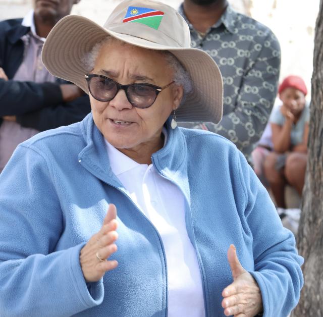ETOSHA, 29 July 2026 - Vice President, Lucia Witbooi speaks at Ombika location at a meeting with a group of the Hai//Om San community residing at Okaukuejo gate inside Etosha National Park on Wednesday morning. The Vice President is on a two-day official visit to the area. (Photo by: Mulisa Simiyasa) NAMPA