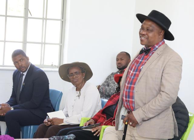 ETOSHA, 29 July 2026 - Newly installed traditional leader of the Hai//Om San Traditional Authority, Chief Alfred ||Khamuxab speaks at a community meeting on Wednesday afternoon at the Seringkop government resettlement farm near the Etosha National Park. (Photo by: Mulisa Simiyasa) NAMPA