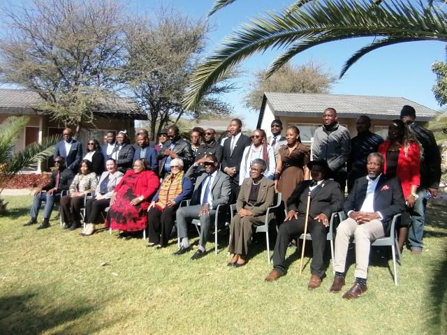 OUTJO, 30 July 2026 - Vice President Lucia Witbooi (C) pictured with Cabinet ministers, deputy ministers, governors of Oshana, Oshikoto and Kunene regions and their constituency councillors and representatives of the Hai//Om San communities at a meeting at Outjo on Thursday morning. (Photo by: Mulisa Simiyasa) NAMPA 