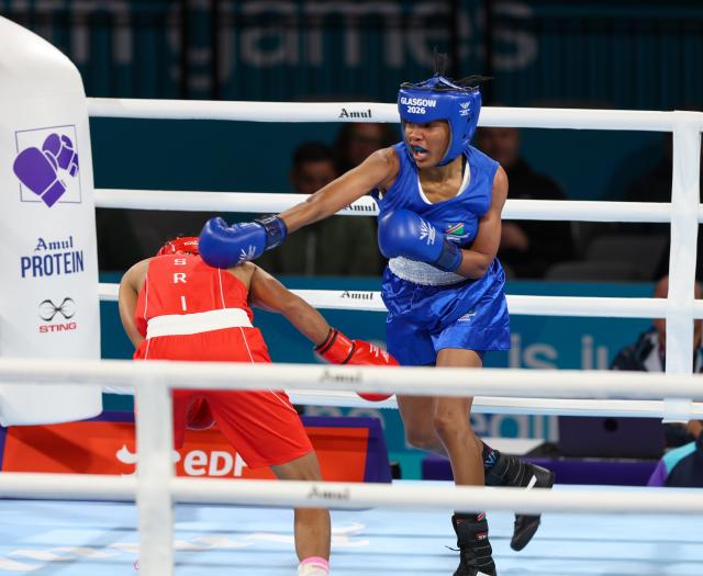 GLASGOW, 29 July 2026 – Namibia’s Mischa Monique Araes (in blue) in action against Sri Lankan Nadeeka Ranasinghe during the 51kg women division at the Commonwealth Games in Glasgow, Scotland. (Photo: Hesron Kapanga) NAMPA