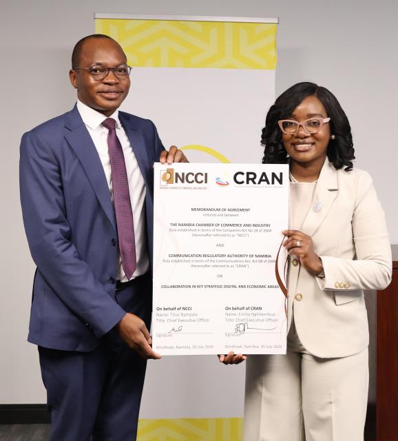 WINDHOEK, 30 July 2026 -  CRAN CEO Emilia Nghikembua alongside NCCI CEO Titus Nampala pictured together after signing an MoU. (Photo: Contributed) 