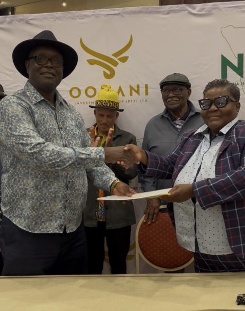 WINDHOEK, 31 July 2026 - Chairperson of the NTAT Board of Trustees and head of the Ondonga Traditional Authority, Omukwaniilwa Fillemon Shuumbwa Nangolo, pictured with Namibia Press Agency news editor Maggy Thomas. (Photo by: Justina Shuumbwa) NAMPA 