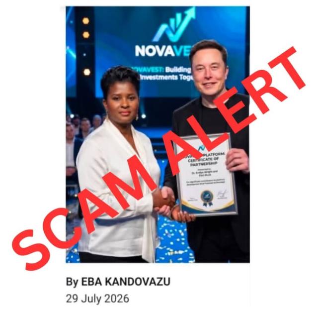 31 July 2026 - A fake AI-generated image falsely linking former First Lady Monica Geingos to an investment scam while misusing a Nampa journalist's byline. (Photo: Contributed) 