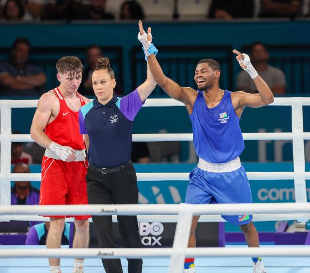 GLASGOW, 31 July 2026 – Namibia’s boxer Tryagain Morning Ndevelo celebrating his victory against Northern Ireland's Jude Gallagher during the senifinal of the 60kg at the Commonwealth Games in Glasgow, Scotland. (Photo: Hesron Kapanga) NAMPA