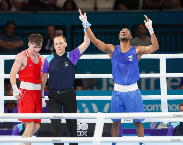 GLASGOW, 31 July 2026 – Namibia’s boxer Tryagain Morning Ndevelo celebrating his victory against Northern Ireland's Jude Gallagher during the senifinal of the 60kg at the Commonwealth Games in Glasgow, Scotland. (Photo: Hesron Kapanga) NAMPA
