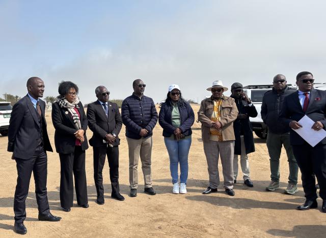 SWAKOPMUND, 07 August 2026 - (l-f) Works and Transport Minister Veikko Nekundi, Erongo Governor Natalia /Goagoses, Erongo Regional Council Chairperson Lazarus Kanelombe, Walvis Bay Rural Constituency Councillor Ruben Shikongo and Walvis Bay Chief Executive Officer Victoria Kapenda among others photographed at the handover of the N$132 million project for the rehabilitation of six dilapidated roads covering approximately eight kilometres in Walvis Bay. (Photo by: Isabel Bento) NAMPA