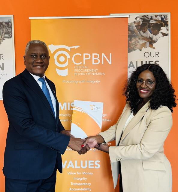 WINDHOEK, 10 August 2026 - Ministry of Health and Social Services Penda Ithindi and CPBN Board Chairperson Mary Shiimi during the signing of the contract to construct a new central medical store (Photo: Contribute) NAMPA