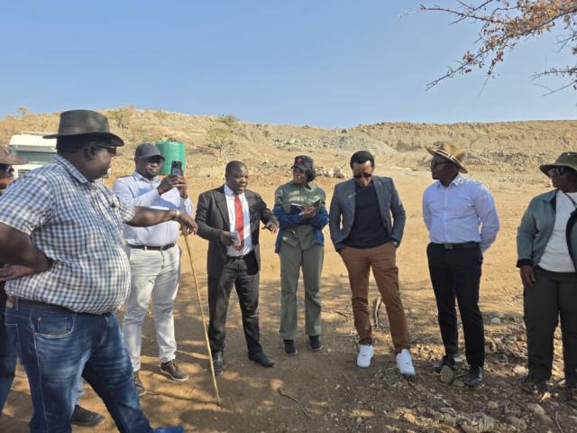 OPUWO, 10 August 2026- Parliamentary Standing Committee on Natural Resources Chairperson Tobie Aupindi with committee members and Opuwo Urban Constituency Councillor Ueutjerevi Ngunaihe during a visit to Okarikua Mining in Ohungumure Village on Monday. ( Photo: Kaviveterue Virere) NAMPA