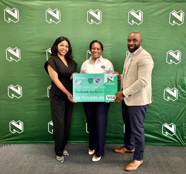 WINDHOEK, 11 August 2026 - From left to right, Namibia Nature Foundation Communications Officer, Disney Andreas; Namibia Nature Foundation Head of Grants and Administration, Hilma Shongolo; and Nedbank Namibia Chief Financial Officer, Victor Maengahama, at the Nedbank Campus for the Go Green Fund handover. (Photo: Contributed) NAMPA 
