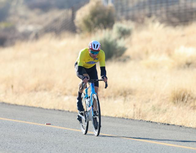 WINDHOEK, 14 August 2026 - Namibian international rider, Alex Miller, during stage two of the 2026 Pupkewitz Megabuild Tour de Windhoek on the Dordabis road. Miller won the stage with a huge time gap from the rest of the peloton. (Photo: Hesron Kapanga) NAMPA