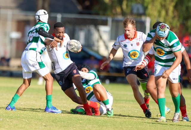 WINDHOEK, 15 August 2026 - Wanderers in white while in action against Western Suburbs players during Round 11 of the Namibia Rugby Union Premier League at the Wanderers Sports Ground in Pionerspark. Wanderers won the match 104-18. (Photo by: Hesron Kapanga) NAMPA 