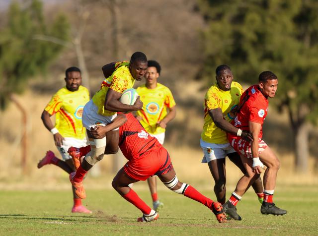 WINDHOEK, 15 August 2026 - UNAM Rugby Club players (in yellow) against Rehoboth during Round 11 of the Namibia Rugby Union Premier League at the Wanderers Sports Ground in Pioneerspark. Wanderers won the match 104-18. (Photo by: Hesron Kapanga) NAMPA