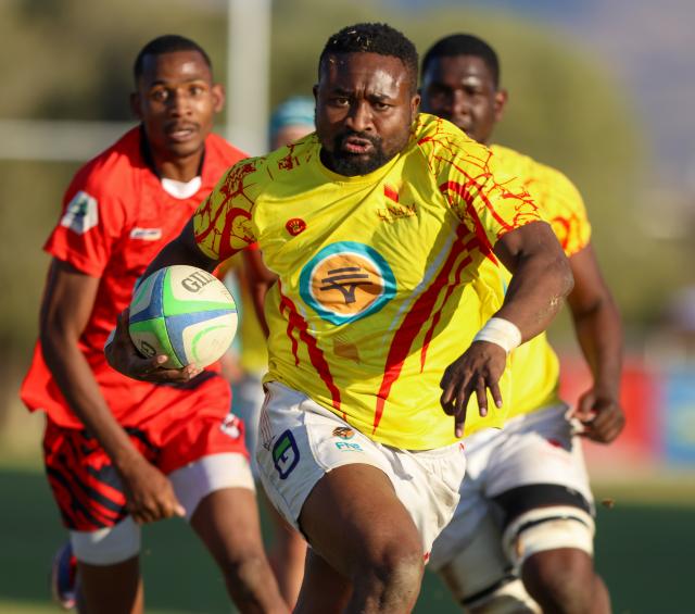 WINDHOEK, 15 August 2026 - UNAM Rugby Club players (in yellow) against Rehoboth during Round 11 of the Namibia Rugby Union Premier League at the Wanderers Sports Ground in Pioneerspark. Wanderers won the match 104-18. (Photo by: Hesron Kapanga) NAMPA