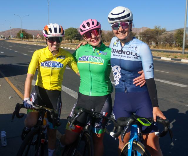 WINDHOEK, 16 August 2026 - From left to right, South Africa’s Kelsey Jade van Schoor, Liezel Hellena Jordan, and Lize-Ann Loue pose for a picture after completing the 2026 Pupkewitz Megabuild Tour de Windhoek. Schoor was crowned the overall champions of the 2026 Tour. (Photo by: Hesron Kapanga) NAMPA