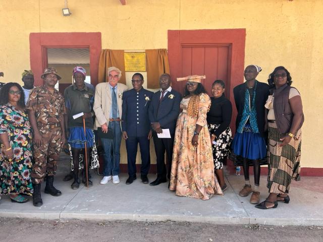 OPUWO, 18 August 2026- Minister in the Presidency Dr Charles Mubita, Mega Fishing representative Rickey Tjijenda, Project Okaoko representative Andreas Horn, Kunene Regional Director of Education Sophia Frederick and other officials during the official inauguration of Okapara Primary School in the Epupa Constituency on Monday. (Photo: Kaviveterue Virere) NAMPA 