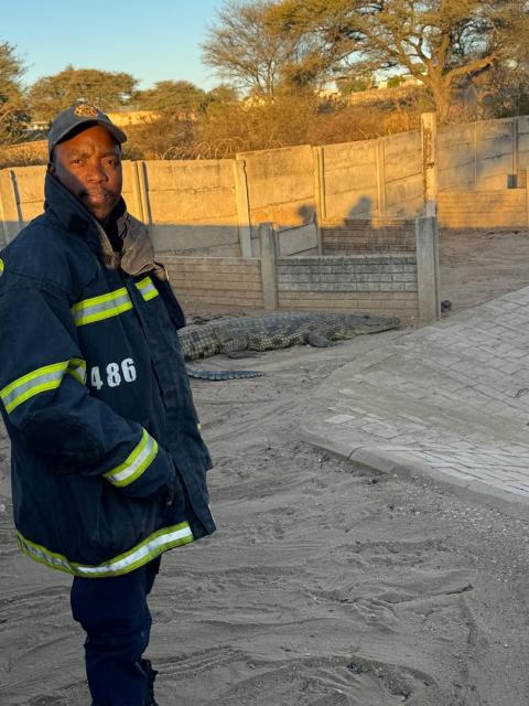 OTJIWARONGO, 17 August 2026 - The Otjiwarongo municipality firefighting team headed by chief Daniel Pavaza extinguishes fire at the crocodile farm's thatch rooftop which accidentally caught fire on Monday afternoon at Otjiwarongo. (Photo by: Mulisa Simiyasa) NAMPA